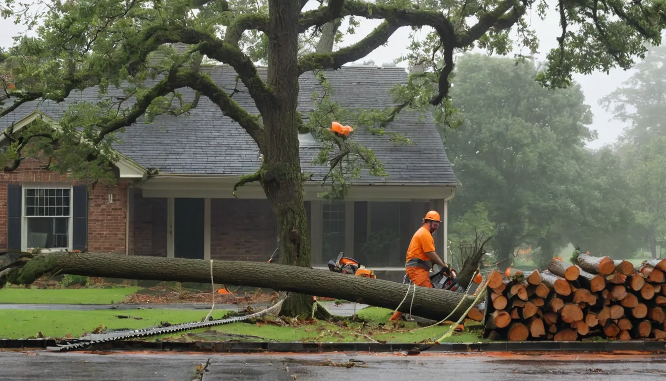 Provider crew safely clearing a storm-damaged tree from a home in Winston-Salem